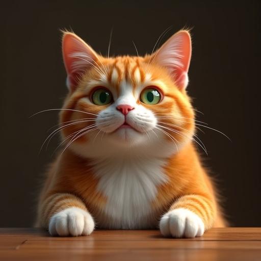 Photorealistic 3D render of a chubby orange tabby cat with a white chest and paws. Cat has emerald green eyes and a pink nose. The scene depicts the cat in a courtroom setting, dramatic lighting, extreme close-up of its shocked and furious face. Right paw raised high, gripping a wooden gavel in motion, set against dark wood background.