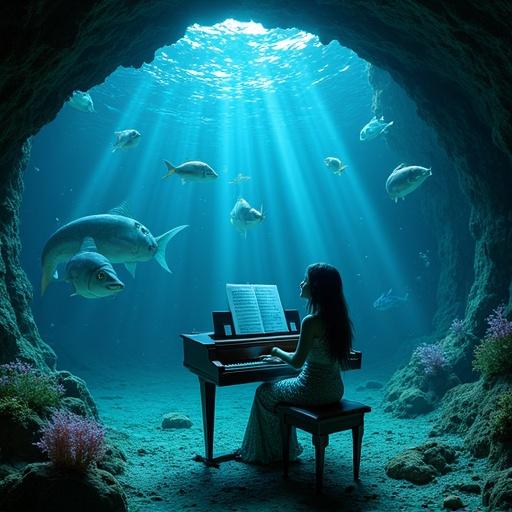 Mermaid pianist plays the piano in an underwater concert hall. Fish swim around synchronized to the music. Soft sunlight beams filter into the scene creating a magical atmosphere. Bioluminescent fish illuminate the surrounding water.