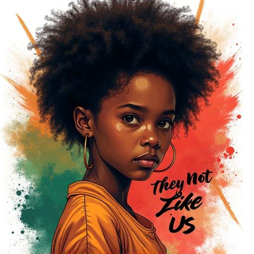 Airbrush style T-shirt design showing confident young Black girl with natural afro puffs facing forward wearing gold hoop earrings. Text ‘They Not Like Us’ in bold graffiti script. Background splashes in vibrant Pan-African colors red green black. 300 DPI transparent PNG. Juneteenth empowerment aesthetic.