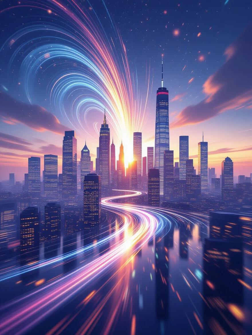 A photo-realistic depiction of a futuristic city skyline featuring buildings that appear to morph under gravitational waves. Bright and vivid architecture displays warped silhouettes with shimmering wavelengths. The scene is enhanced by subtle motion blur and an atmospheric glow, combined with a cosmic theme of compression and expansion.