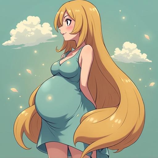 Anime character with long hair wearing a light dress. Character has a noticeable pregnant belly. Soft background with clouds and leaves.