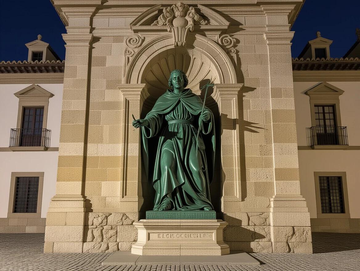 Statue of Saint Lawrence embedded in the facade of El Escorial Monastery. Nighttime atmosphere with an eerie feel, photorealistic presentation.