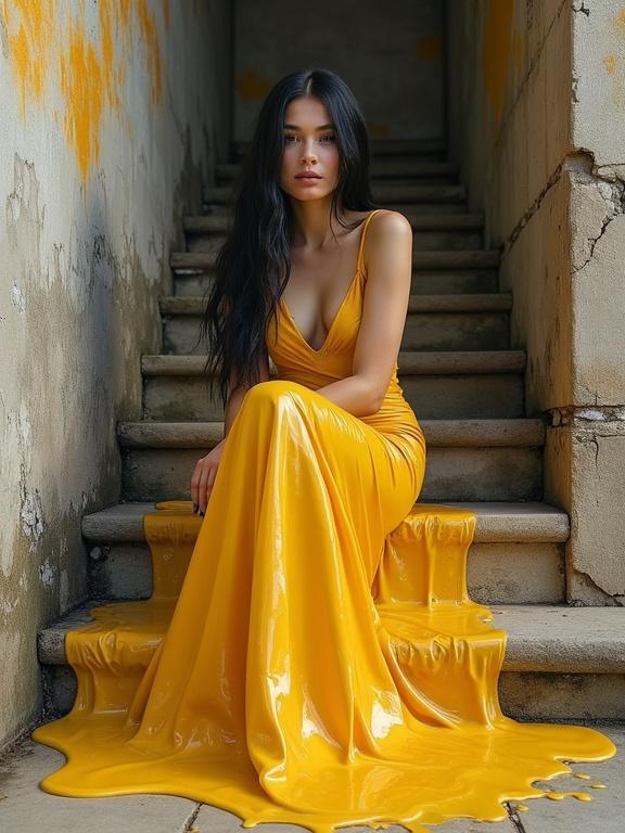 A woman with long black hair sits on stone steps. She is wearing a golden-yellow gown that looks like liquid paint. The dress flows and drips onto the steps. The background shows a cracked concrete wall with yellow paint. Soft side lighting highlights the dress and creates shadows.