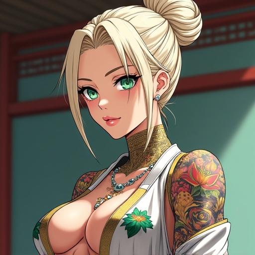 Futuristic anime character depicted in martial arts dojo. Woman aged 59 featuring emerald green eyes and light blonde hair styled in a bun. Elegant attire with traditional tattoos. Digital art showcasing power and elegance. Character's strong physique and intricate jewelry detailed.