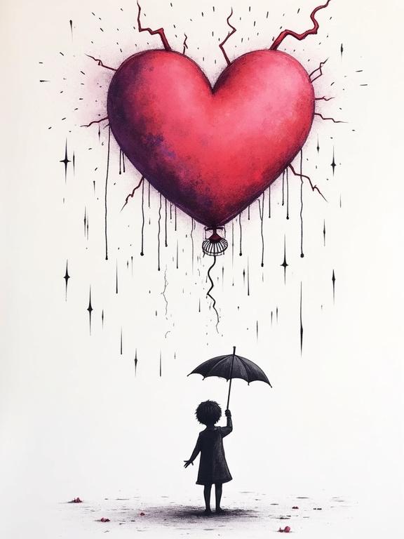 Surreal scene features a heart-shaped balloon filled with lightning bolts. A figure holds a small umbrella against it. Background is clean and minimalist. Text reads 'I feel everything too loud.'