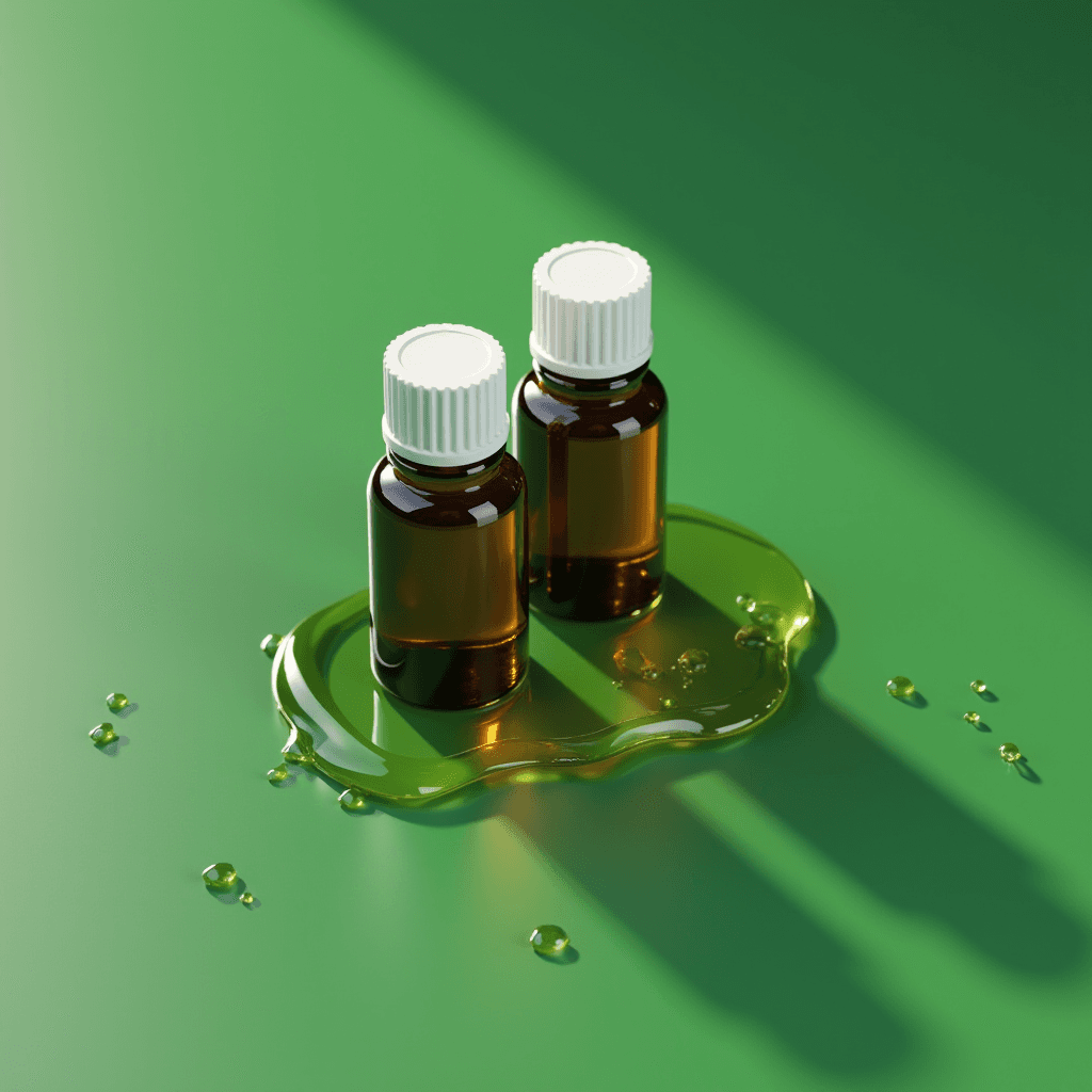 Two amber glass bottles with white caps are surrounded by a spilled green liquid on a vibrant green surface.