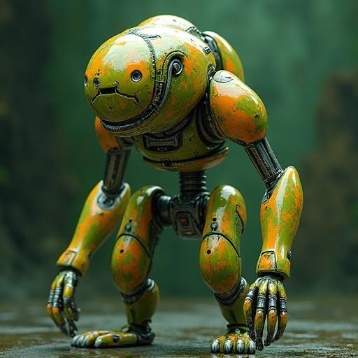 Robot ape depicted in full body with green and orange colors designed with a thick glass texture.