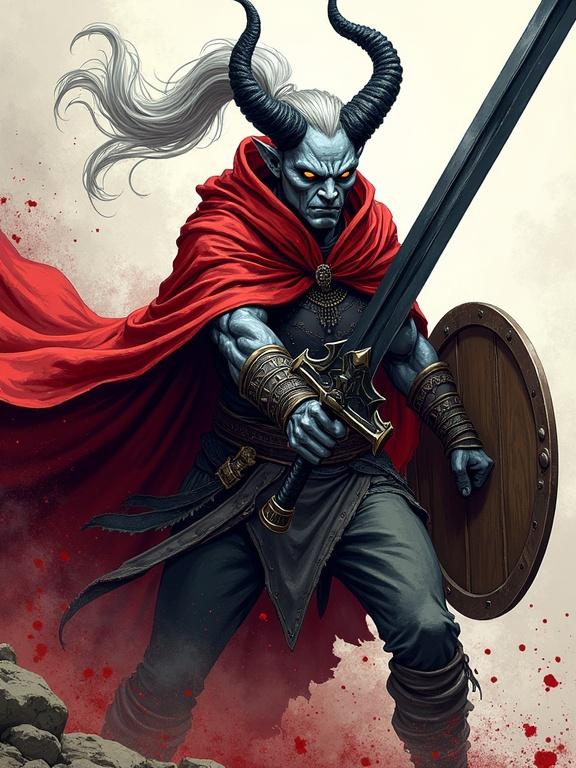 Colored sketch of an imposing male tiefling mid-swing with a black longsword. Ash-gray skin with amber glowing eyes. Long silver hair flying from a high ponytail. Sleek black curved horns. Wearing a chainmail shirt and red cloak with a shield on his back. Blood splashing around in a dynamic action pose. Intense lighting in a comic book style.