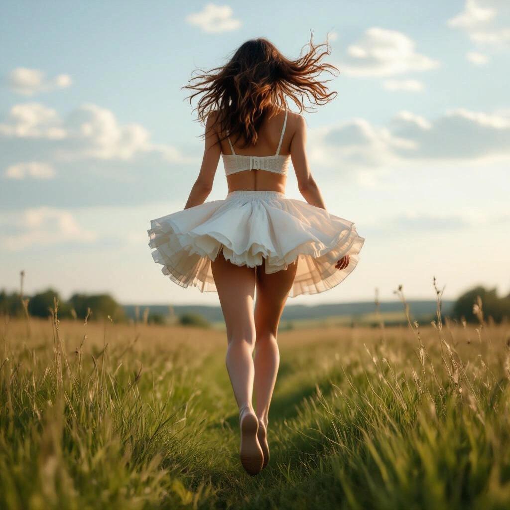 young woman viewed from behind wearing a frilly miniskirt billowing in the wind flying over a grassy field her feet and body floating off the ground