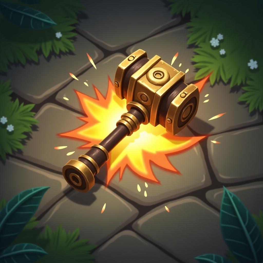 The image showcases an ability icon inspired by fantasy gaming, particularly reminiscent of League of Legends. At its center, a striking golden hammer is depicted, poised to slam down onto the stone path below. The hammer showcases intricate designs that embody fantasy elements, increasing its appeal to gamers. Surrounding the hammer is a powerful glowing light, symbolizing its explosive impact upon collision. In the backdrop, a stone path encased by lush green foliage sets a vibrant and immersive game-like environment.