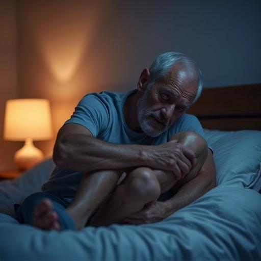Realistic photo of a senior man waking up in bed with a painful cramp in his leg. He holds his calf with both hands, face expressing discomfort. Low warm lighting from a nightstand lamp, simple bedroom background. 16:9 horizontal frame, HD.