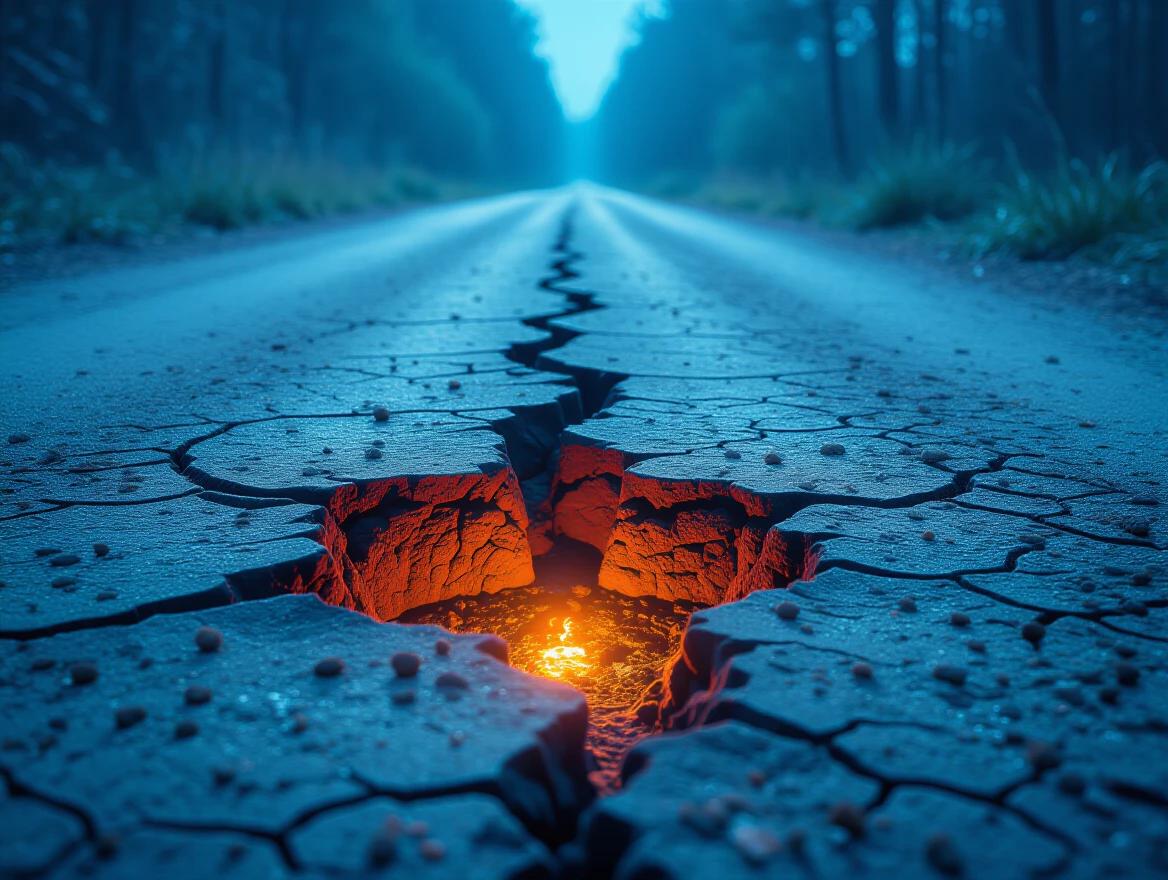 Crack in earthen ground glowing with a reddish light. Bluish nighttime lighting creating a horror movie atmosphere.