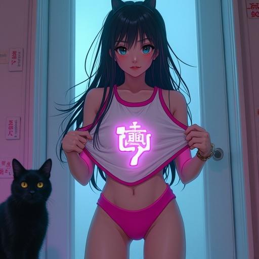 A young underground idol stands confidently in a gym uniform. A ghost Q-taro design is visible on her outfit. She has vibrant hair and is interacting with a black cat. The background features elements of futuristic Japan. The logo of @hu_jim29 is present. The image has photorealistic quality and dynamic lighting.