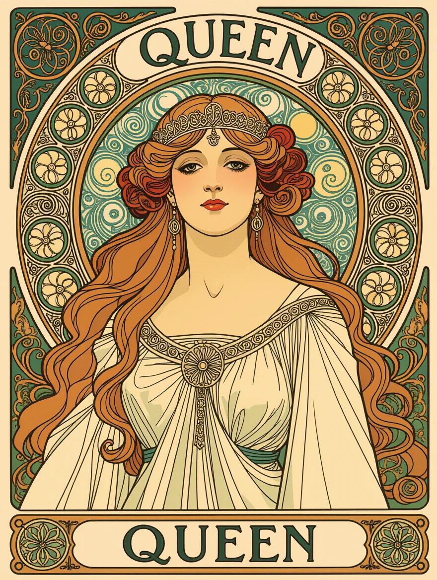 Portrait of a queen depicted in Art Nouveau style. Elegant woman with flowing red hair. Intricate background featuring circular patterns. Regal attire with delicate details. Serene expression and graceful pose.