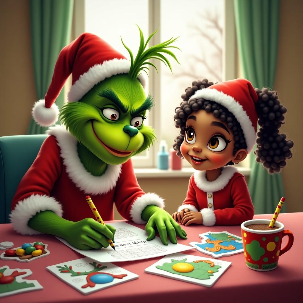 The Grinch and a girl dressed as an elf write names with crayons. The girl has curly ponytails. The setting includes puzzles, coloring materials, and a Grinchmas mug with hot chocolate on the table. Transparent background.