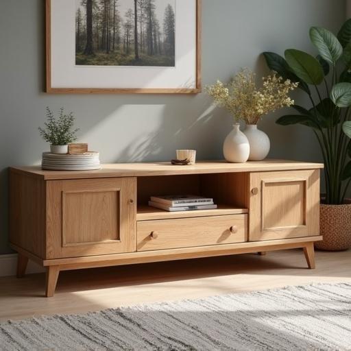 Wooden coffee table in an office setting. Interesting cabinet doors with a minimalist design. Sunlight illuminating the scene. Includes decorative elements such as plants and vases on a table. Soft neutral background colors enhance the design.