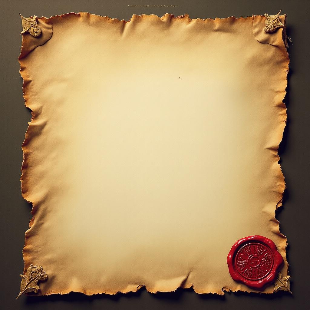 A textured, aged, and blank parchment with irregular edges. An official red wax stamp. Contains a mission briefing about the Shadebrook Mystery.