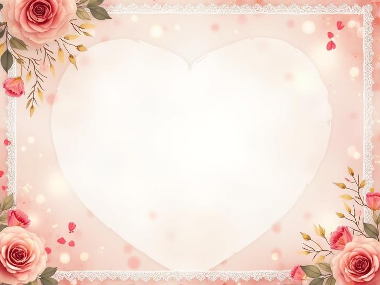 Romantic anniversary-themed collage layout. One large blank photo frame shaped like a heart. Lace edges and floral vines around corners. Image area is blank. Surrounding decorations include hearts, sparkles, and rose petals. Elegant captions placed near frame. Background with watercolor gradients, bokeh lights, and pastel overlays. High-resolution, warm, and elegant composition for anniversary celebrations.