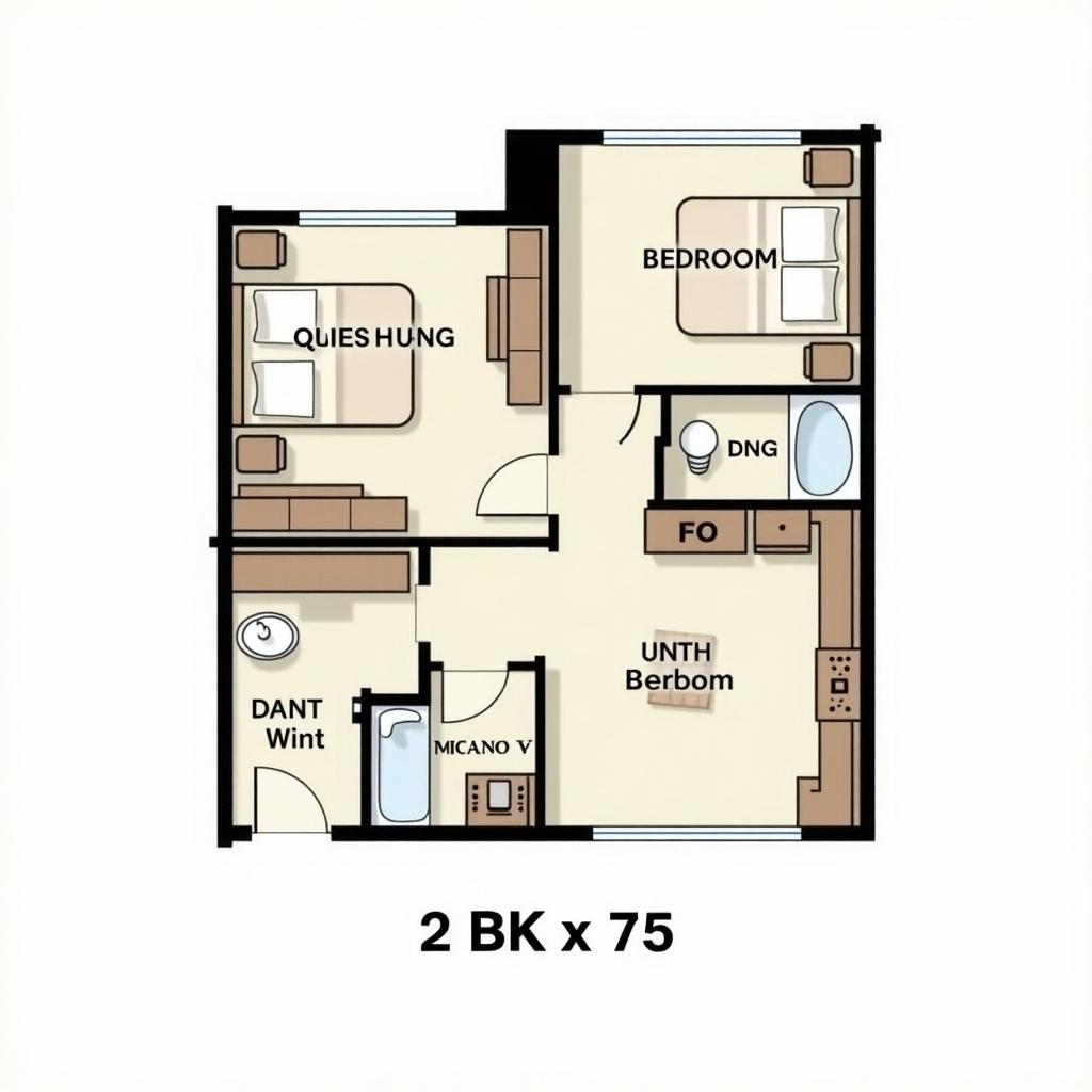 2BHK apartment layout with two bedrooms, kitchen, bathroom, and living area in a 75 square meter design.