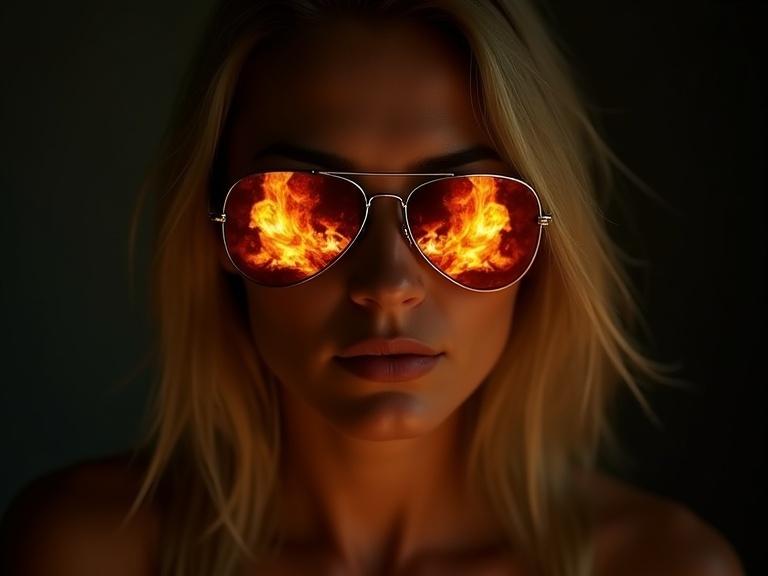 Portrait of a blonde woman in dim light with aviator sunglasses. Sunglasses reflect a raging fire. Dark background emphasizes her features. The image conveys intensity and mystery. Themes of power and secrets are explored. Experiment with warm lighting to evoke emotion.