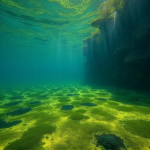 Underwater view showing algae growing at the bottom of the pond. Sunlight streams through the surface into the clear water. Unique patterns form from the algae on the pond floor.