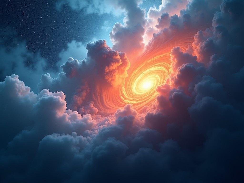 A vibrant cosmic nebula with swirling blue and white wisps, set against a starry background. This image depicts a dramatic cosmic scene filled with swirling clouds and intense fiery highlights. The center glows with an orange and red light, resembling a celestial event. Dark blue and gray clouds surround the fiery core, creating a contrast that adds depth. The lighting creates a sense of movement and dynamism, as if the clouds are swirling. This abstract representation captures the beauty of cosmic phenomena and evokes a sense of wonder.