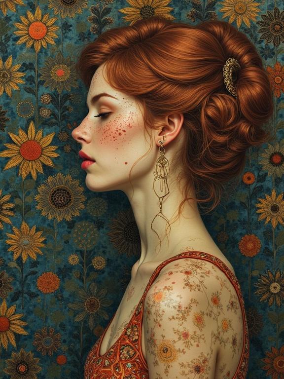 Klimt Woman in contemplation of her wuha with an elaborate floral background and intricate details.