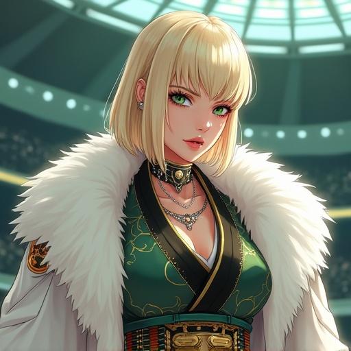 Anime character with emerald green eyes in a luxurious martial arts stadium. Features a light blonde bob hairstyle, light pink diamond jewelry, wearing an edgy dragon ninja battle kimono and a mink fur coat. Muscular physique, showing strength with tattoos, and a confident expression.