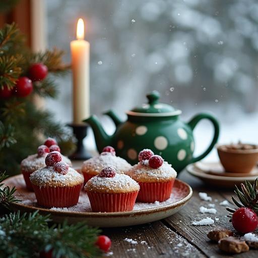 Cinematic winter scene featuring cranberry winter muffins dusted with powdered sugar garnished with cranberries beside a green polka dot teapot and candles with a snowy forest in the background.