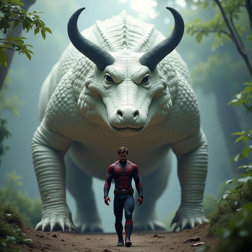 Majestic scene features superhero in Marvel costume walking in front of giant white crocodile with black horns. Jungle landscape background creates serene atmosphere. Emphasizes bond between superhero and creature with detailed fur and clothing.