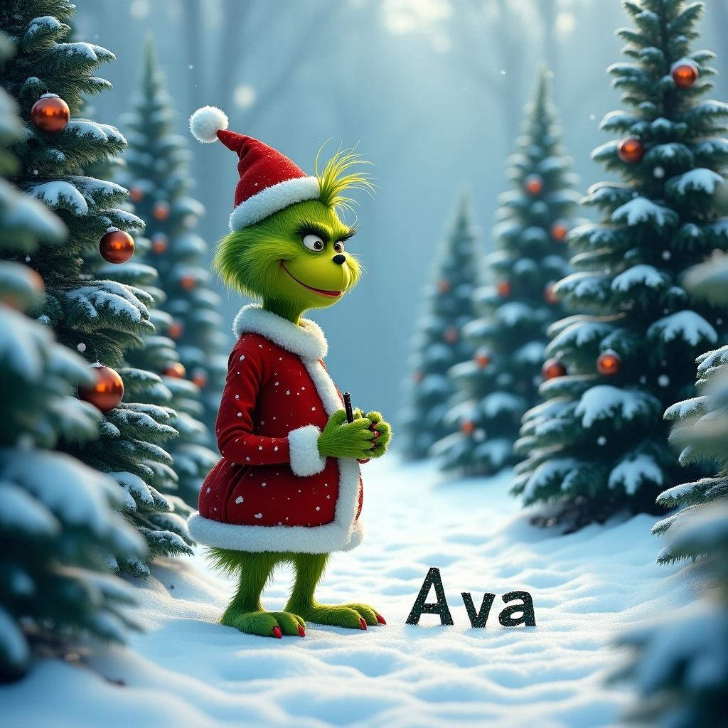 A character resembling The Grinch stands in a snowy forest. Christmas trees are around. The Grinch is writing the name 'Ava' in the snow. A festive atmosphere is present with decorations.