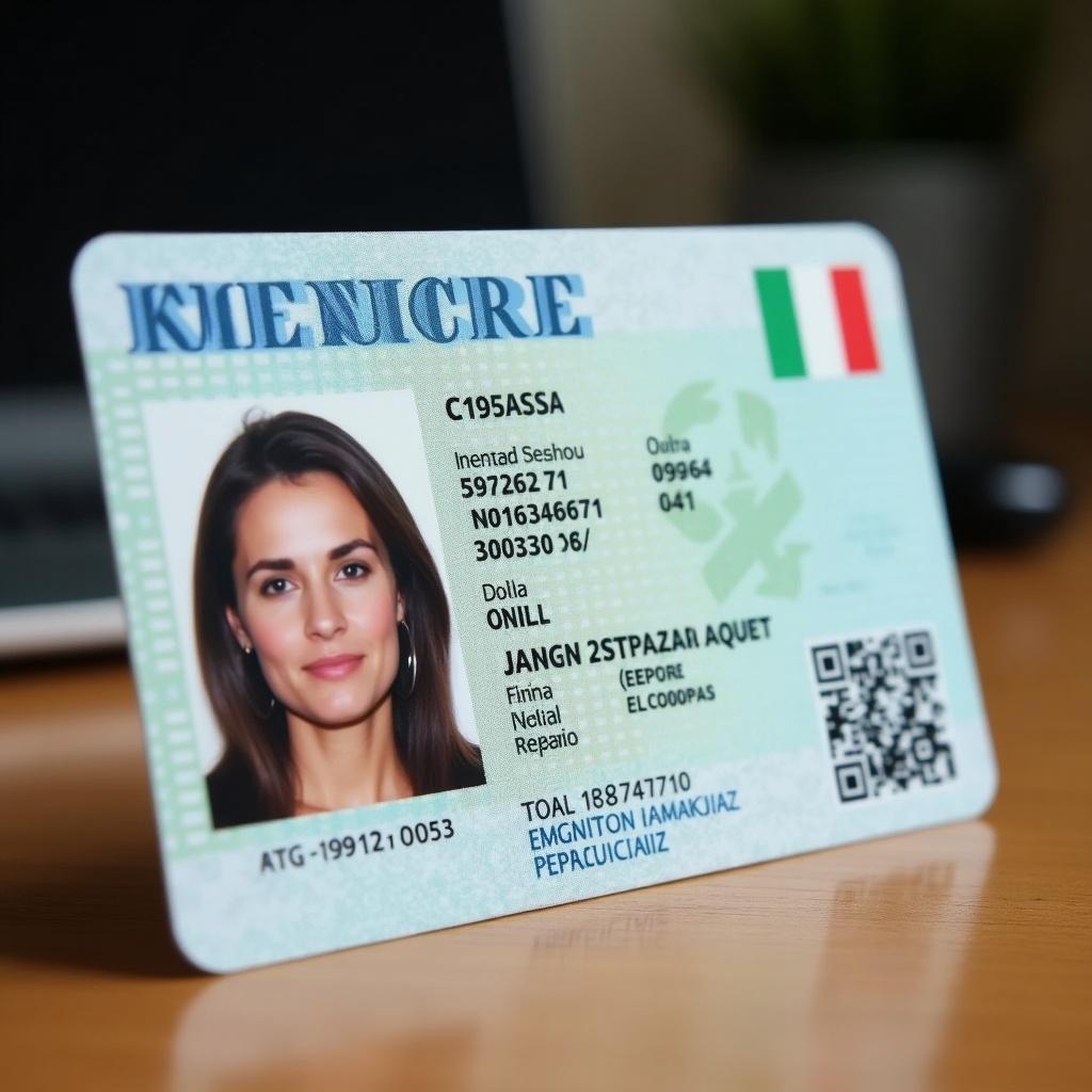 This image showcases an Italian identity card, featuring a clear photographic portrait of the individual. Various security features typical of official ID documents can be seen, reflecting the official format and dimensions. The predominant colors are green and blue, consistent with Italian governmental documentation. The card is presented on a wooden desk, emphasizing its physical presence. This identity document is crucial for personal verification and identification purposes.