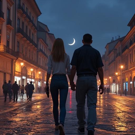 Image resembles a comic style inspired by Grand Theft Auto V. Depicts a couple holding hands in a city at night. Background features buildings and a crescent moon. Includes elements like a police car and a traditional Spanish dish. Incorporates a pilgrim with a backpack and students at a terrace.