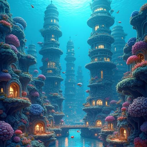 An underwater city featuring coral skyscrapers and anemone homes. Transparent bubble transport connects levels. Various sea creatures move around. The art style is semi-cartoon or painterly and isometric. Include coral domes, spiral shell houses, glowing lantern jellyfish, and manta taxis.