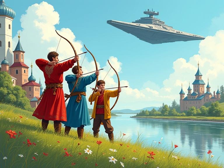Create a vivid illustration in the style of Russian folklore with sci-fi elements. On a green hill covered with flowers, three archers shooting arrows. Left archer in a red tunic aims upward. Central archer in a blue robe watches the arrows. Right archer in yellow releases an arrow smiling. Richly decorated clothes highlight traditional styles. Background features colorful houses and a church with blue domes. A river reflects the sky. An Imperial Star Destroyer flies high, its silhouette iconic. Bright, slightly cloudy sky gives a calm atmosphere. Arrows are in motion, creating dynamism.