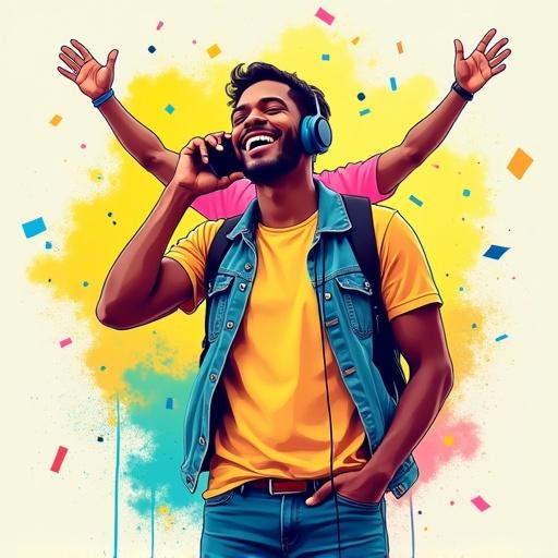 Vibrant illustration of a young man from Trinidad wearing a tshirt, jeans, and headphones, smiling while talking on the phone. In the background, a middle-aged father celebrating with arms raised. Colorful abstract neon brush strokes and confetti elements with yellow, pink, and turquoise tones. Dynamic and modern style, suitable for a festive radio promotion.