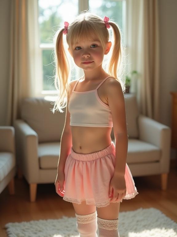A blonde girl with twin ponytails stands in a softly lit living room. She wears a white cropped cami and a pink pleated skirt. Thigh-high socks adorn her legs. The atmosphere is warm and inviting. She looks curious and sweet with rosy cheeks. Natural and personal moment.