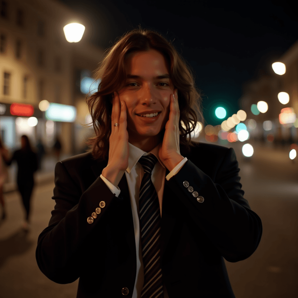 A person smiles in a suit on a blurred city street at night.