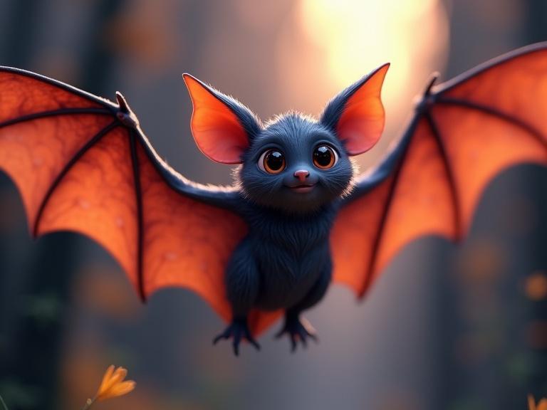3D render illustration of a cute flying bat. Fantasycore artwork with vibrant colors. Beautiful charm and intricate details.