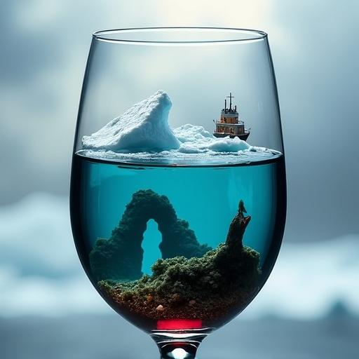 A wine glass filled with a miniature ocean scene. Above the surface: a tall ship sailing near an iceberg with silhouettes standing on it, a rainbow in a cloudy sky. Below the surface: sandy seabed, small fish, a shipwreck or ancient object.