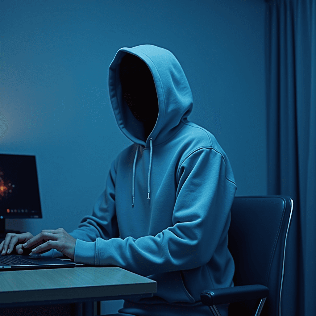 A hooded figure sits in a dimly lit room, typing on a laptop.