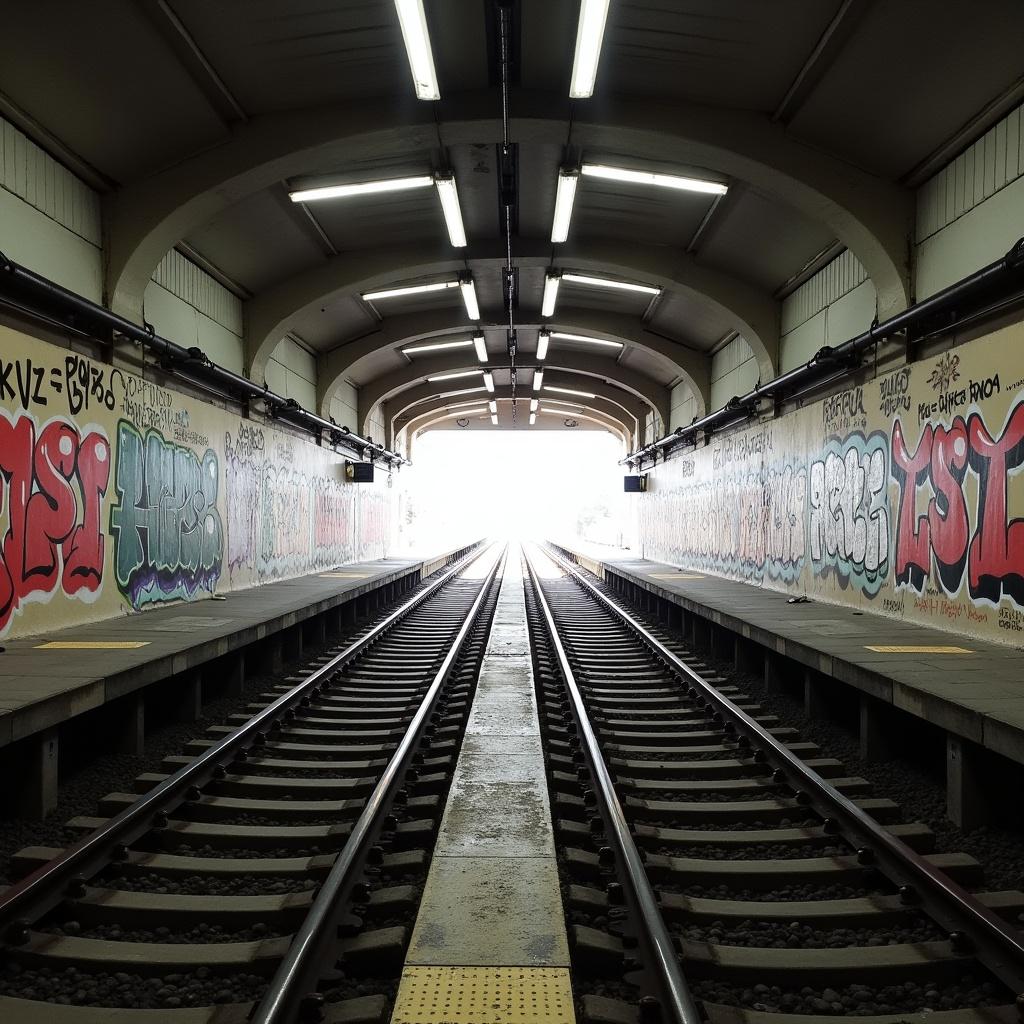 This image showcases a modern subway station characterized by vibrant graffiti art on the walls. Two parallel train tracks extend into the distance, disappearing into a bright light at the tunnel's end. The symmetry of the tracks creates a visually arresting focal point. The graffiti adds a layer of urban culture and artistic expression. The contrasting lighting, with brightness at the end and dimness in the foreground, enhances the dramatic effect of the scene.