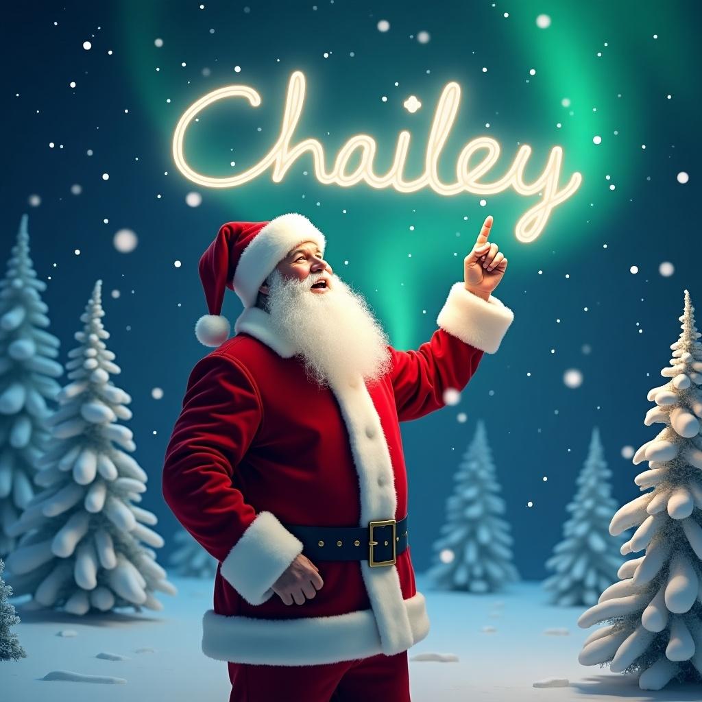 The image captures a magical moment in a winter wonderland, featuring Santa Claus in his classic red suit and hat. He stands joyfully, pointing upward as if writing in the sky. The night sky is illuminated with the name 'Hailey' in glowing letters, created by Santa's wand. Snowflakes fall gently around him, enhancing the festive feel. Surrounded by snowy trees, the enchanting northern lights create a backdrop that adds to the scene's charm. This image embodies the spirit of Christmas and joy during the holiday season.