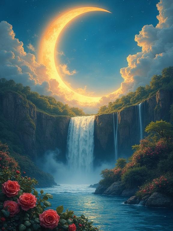 Crescent moon sitting over a serene oasis. Glowing roses surround a waterfall cascading into a calm body of water. Soft clouds add depth to the sky. Vibrant hues of blue and yellow dominate the scene.
