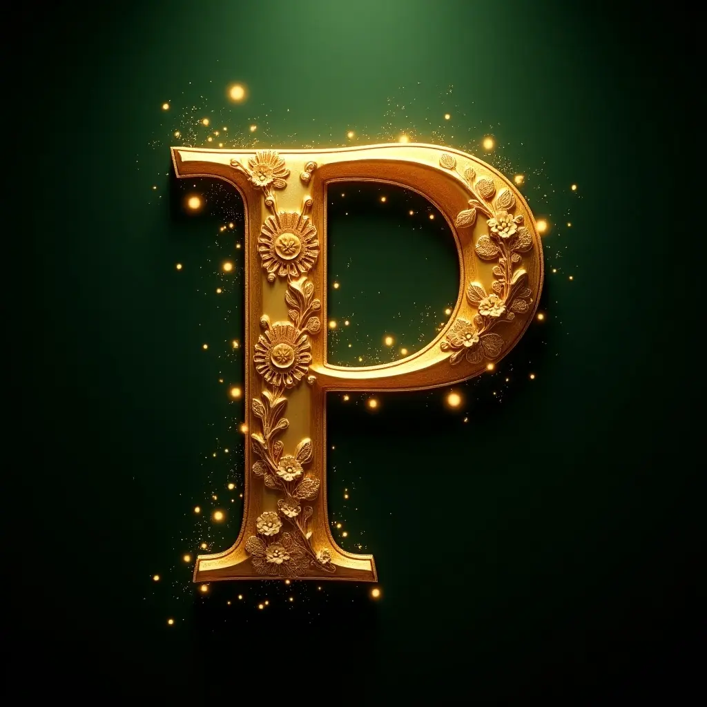 Richly embellished golden letter P with intricate designs is set against a dark green background. Glowing particle effects enhance the visual appeal.