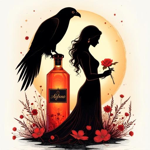 Modern minimalist artwork featuring silhouettes of a young Hispanic woman and a falcon. A lower apothecary-style bottle is central, labeled 'ALFRUNO'. The woman holds a rose in her hair. The background is luminous with warm lighting. Floral motifs complement the scene.