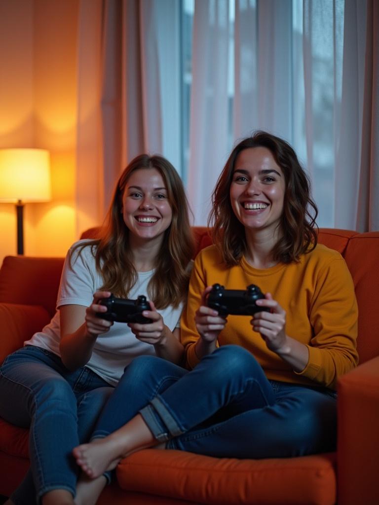 Two individuals are sitting on a bright orange couch. They are joyfully engaged in video gaming while holding controllers. Soft warm light fills the room. The atmosphere is cozy and inviting.