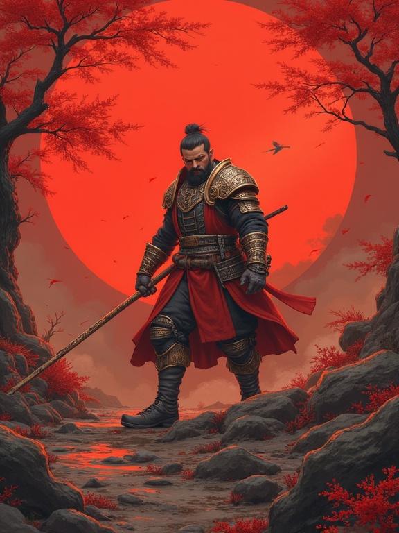 This image represents a dramatic scene: a lone warrior stands in a vibrant landscape under a giant red sun. The warrior wears ornate armor and holds a staff, surrounded by red foliage. The scenery features rocky terrain and a mystical atmosphere, suggesting a blend of fantasy and adventure elements.