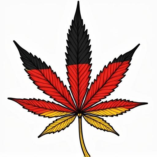 Draw a cannabis leaf with a design featuring black, red, and gold colors as found in the German national flag.