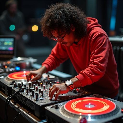 DJ performing on turntables at a music championship. Fast-paced mixing techniques showcased. Energetic atmosphere with focused lighting. Red and black color scheme highlights DJ's outfit and equipment.